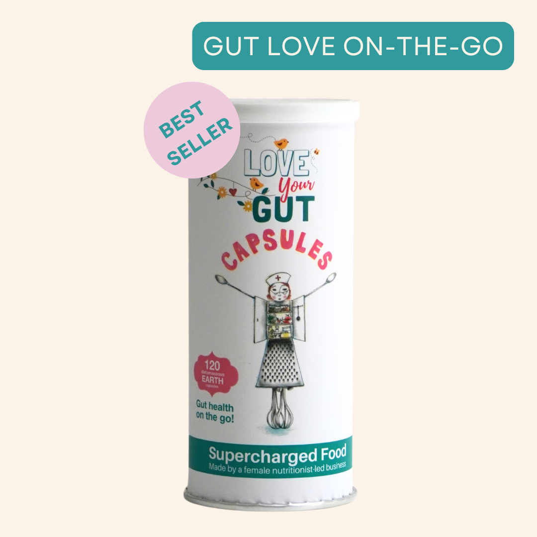 Supercharged Foods Love Your Gut Capsules – vegan capsules with food-grade, organic diatomaceous earth (fossil shell flour) for gentle gut cleanse, digestive health, toxin and waste removal, anti-bloating, improved nutrient absorption, and microbiome support; rich in silica and essential minerals