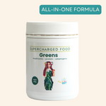 Supercharged Foods Gut Loving Greens Powder – organic Australian greens blend with spirulina, chlorella, barley grass, wheatgrass, medicinal mushrooms, adaptogenic herbs, prebiotic fibre, digestive enzymes, and plant protein for gut health, digestion, energy, immune support, and microbiome balance.