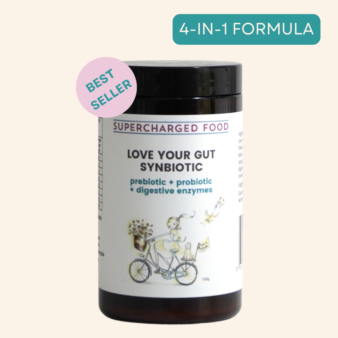 Supercharged Food's Love Your Gut Synbiotic powder – Australian prebiotic, probiotic, fibre and digestive enzyme supplement for gut health, microbiome support, digestion, bloating, and immune system, developed by nutritionist Lee Holmes
