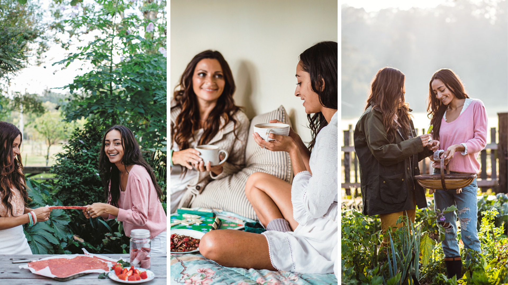 Women savoring food together amidst greenery.