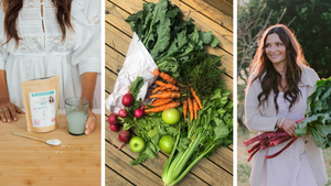A collage of women holding various vegetables