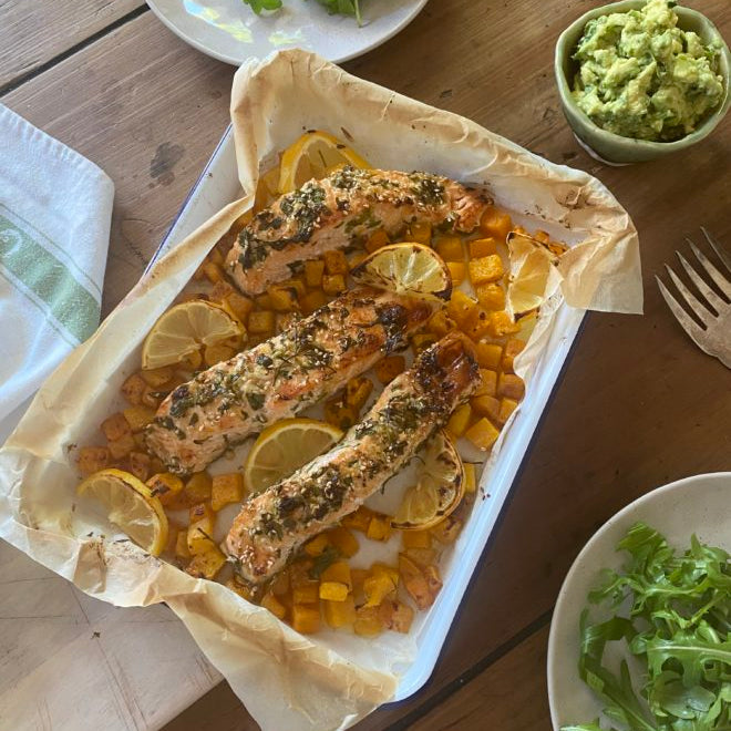 Tray Baked Salmon with Pumpkin and Avocado Mash