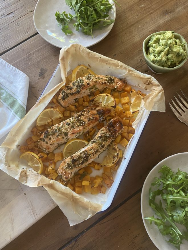 Tray Baked Salmon with Pumpkin and Avocado Mash