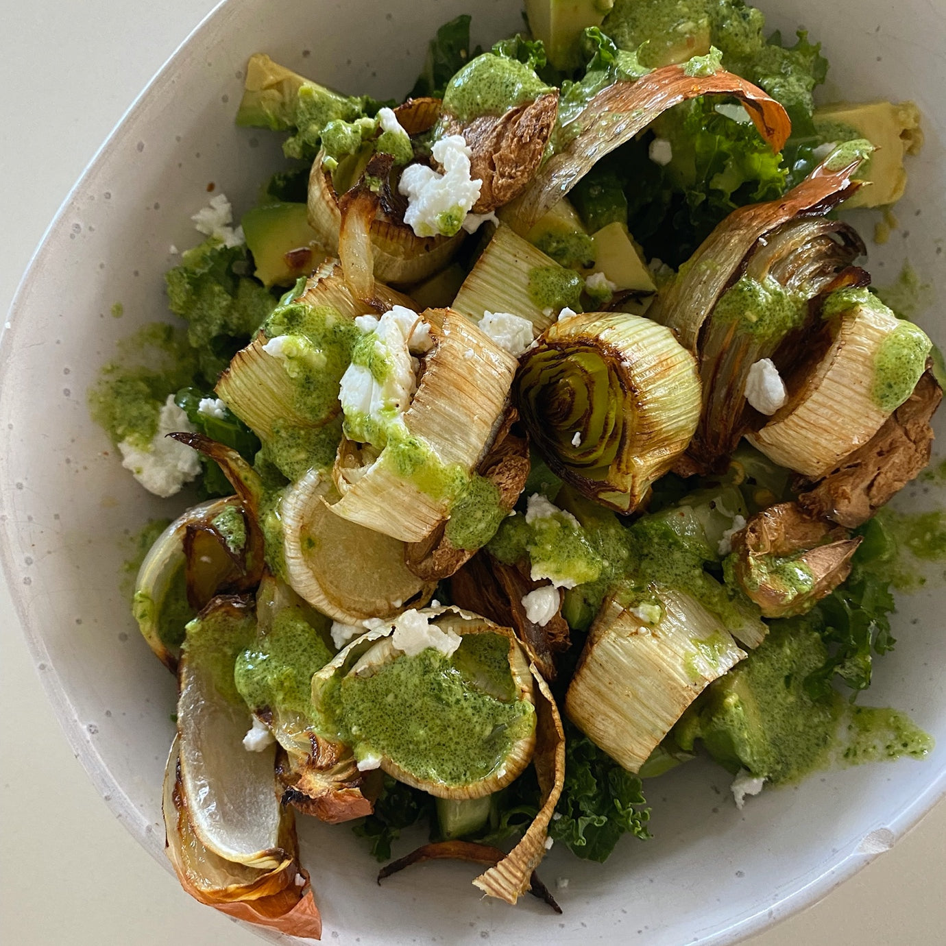 Roasted Leek, Goat’s Cheese and Avocado Salad (Supercharged with Superfine Wild Seaweed Dressing)