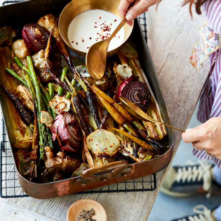 Prebiotic Tray Bake with Gut-Loving Garlic Tahini Drizzle