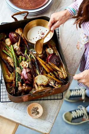 Prebiotic Tray Bake with Gut-Loving Garlic Tahini Drizzle