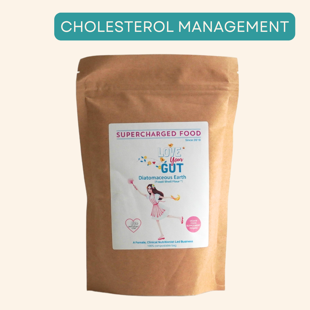 Supercharged Food's Love Your Gut Powder – food grade Australian diatomaceous earth supplement for gut health, gentle digestive cleanse, toxin and waste removal, improved nutrient absorption, reduced bloating, and microbiome support.