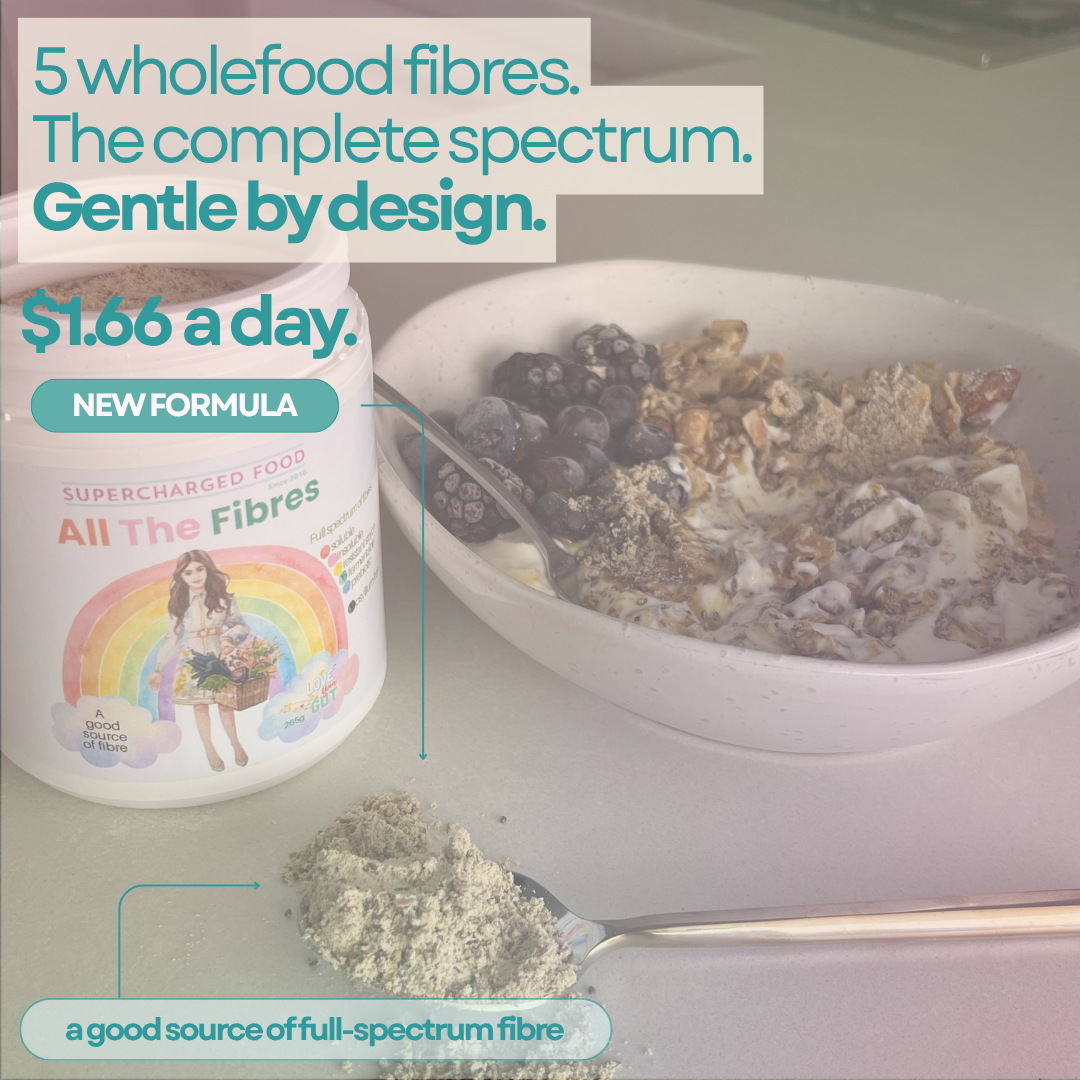Bowl of porridge with a spoonful of All The Fibres: five fibres in every loving spoonful