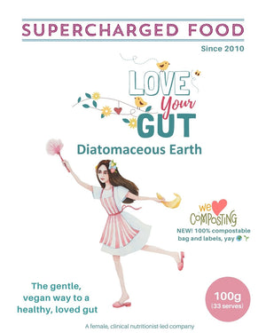NEW COMPOSTABLE Love Your Gut diatomaceous earth powder, 100g, by Supercharged Food