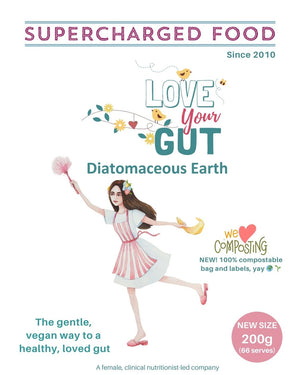 NEW COMPOSTABLE Love Your Gut diatomaceous earth powder, 200g, by Supercharged Food