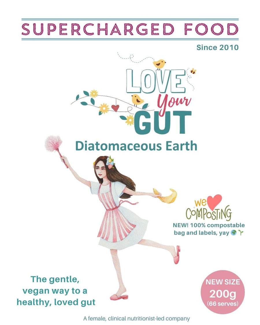 NEW COMPOSTABLE Love Your Gut diatomaceous earth powder, 200g, by Supercharged Food