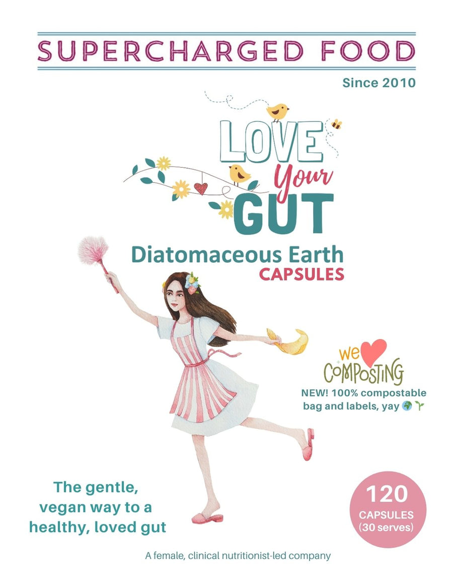 NEW COMPOSTABLE Love Your Gut diatomaceous earth capsules, 120 capsules, by Supercharged Food