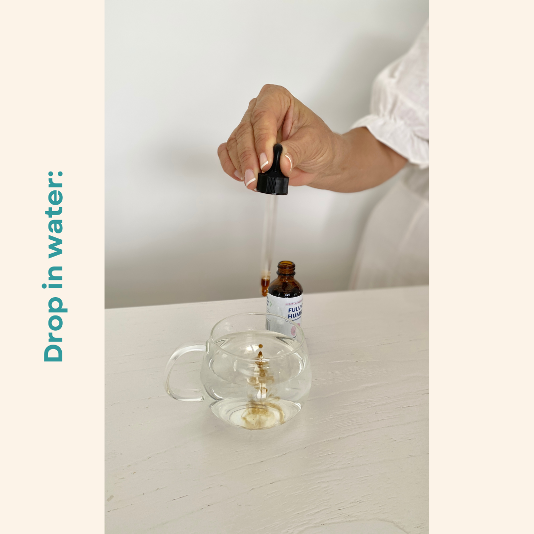 Adding unflavoured Fulvic Humic minerals to water to create a natural electrolyte drink that supports nutrient absorption and gut lining integrity.