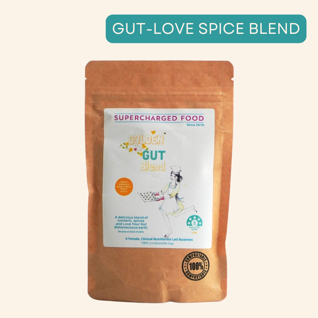 Supercharged Foods Love Your Gut Golden Gut Blend – Australian turmeric and spice mix with organic diatomaceous earth, ginger, cinnamon, and black pepper for gut health, anti-inflammatory support, gentle digestive cleanse, nutrient absorption, reduced bloating, and immune system boost; vegan, gluten-free, and versatile for lattes, smoothies, and cooking.