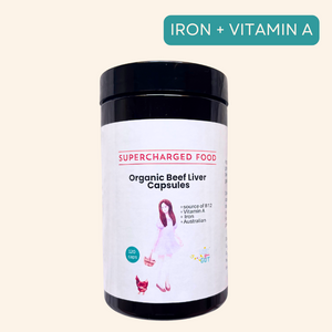 Supercharged Foods Love Your Gut Beef Liver Capsules – organic, grass-fed Australian beef liver supplement, rich in vitamin B12, vitamin A, heme iron, and protein for energy, immune support, gut health, and nutrient density, free from GMOs, hormones, and antibiotics.