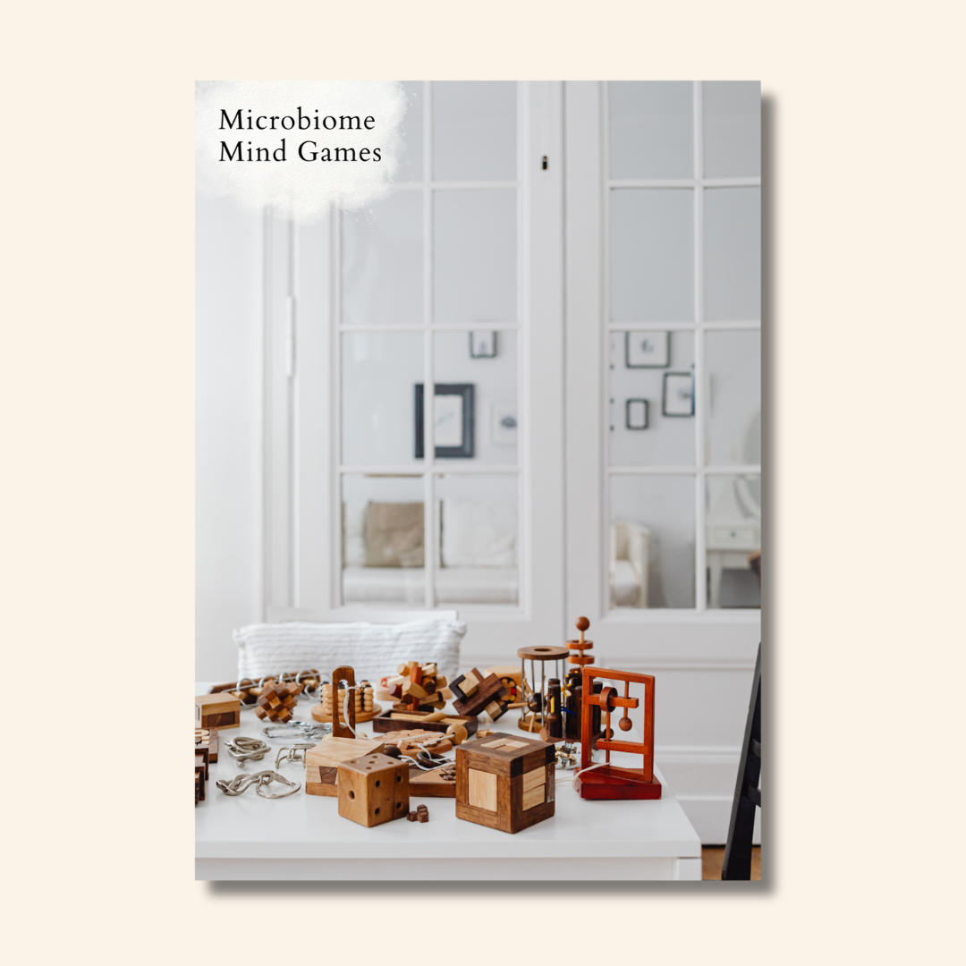 Collection of wooden brain teaser puzzles for the Microbiome Mind Games magazine feature
