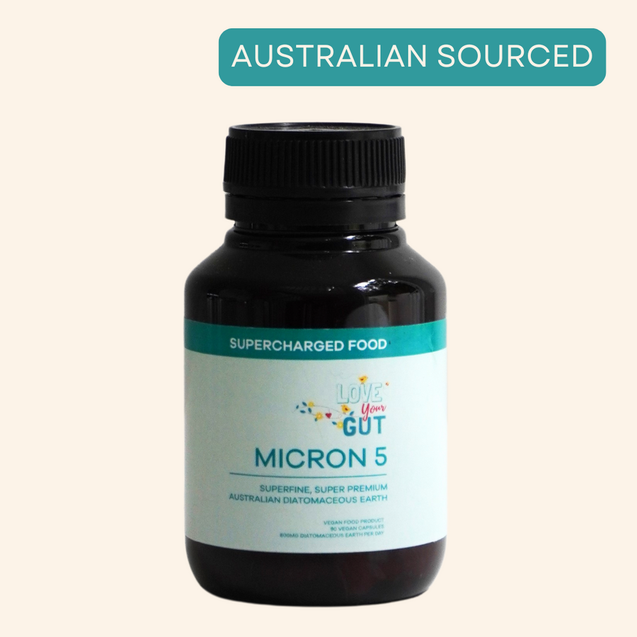 Supercharged Foods Love Your Gut Micron 5 Capsules – superfine 5 micron Australian diatomaceous earth supplement for gut health, gentle digestive cleanse, toxin and waste removal, improved nutrient absorption, anti-bacterial, anti-fungal, vegan, non-GMO, and gluten-free. A premium cleanse.