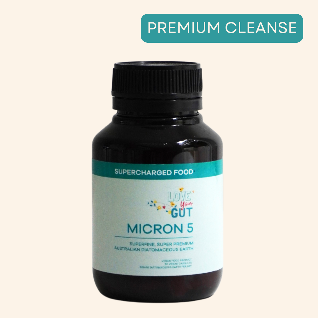 Supercharged Foods Love Your Gut Micron 5 Capsules – superfine 5 micron Australian diatomaceous earth supplement for gut health, gentle digestive cleanse, toxin and waste removal, improved nutrient absorption, anti-bacterial, anti-fungal, vegan, non-GMO, and gluten-free. A premium cleanse.