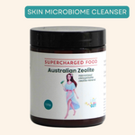 Supercharged Foods Australian Zeolite Powder – micronised clinoptilolite volcanic mineral from the Australian desert, detox supplement for gut health, heavy metal removal, digestive support, immune system, skin microbiome balance, and natural body cleansing.